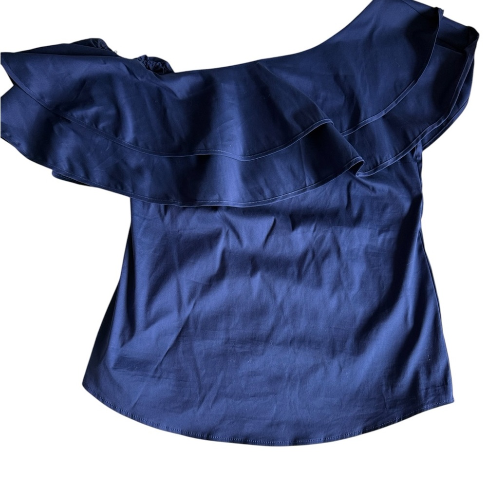 White House Black Market Blue Asymmetrical Ruffled Blouse